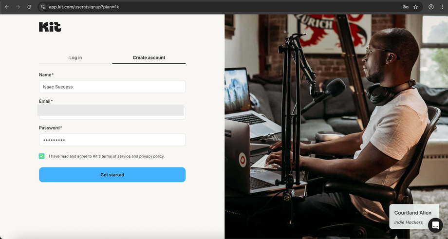 Kit onboarding: Name, email, password.