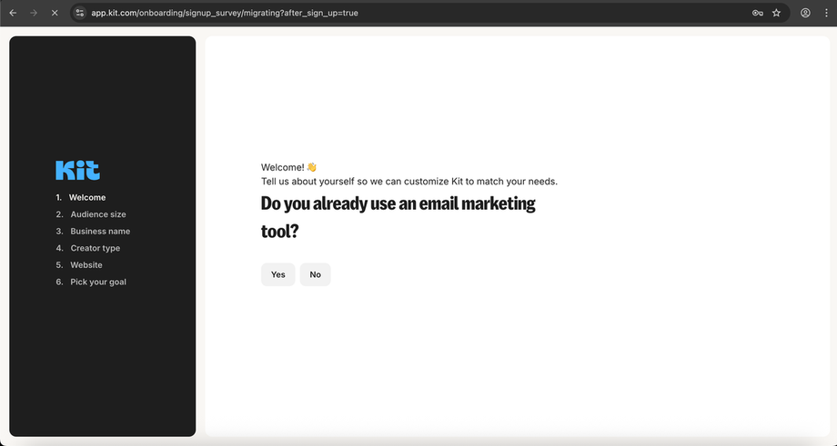 Kit onboarding: “Do you already use an email marketing tool?”