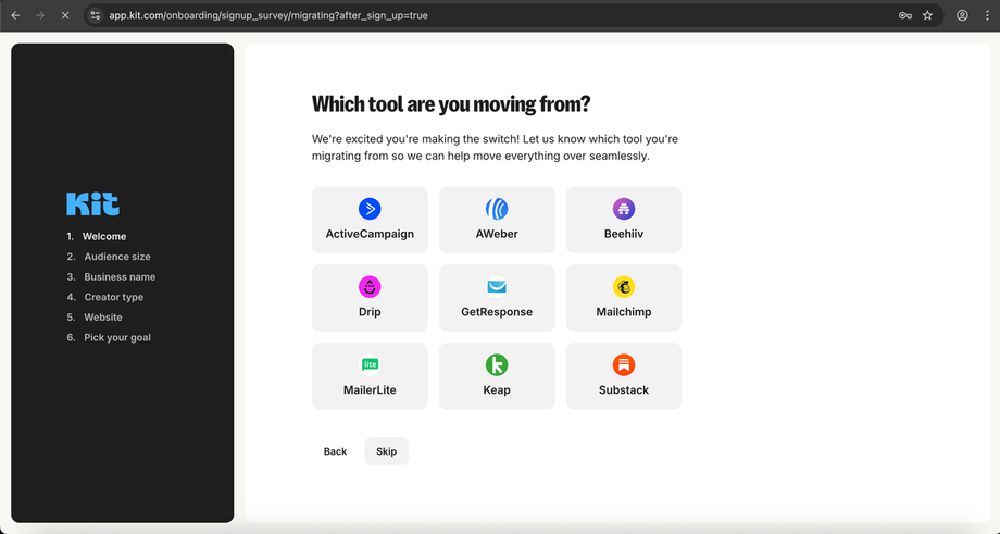 Kit onboarding: “Which tool are you moving from?” — nine options.